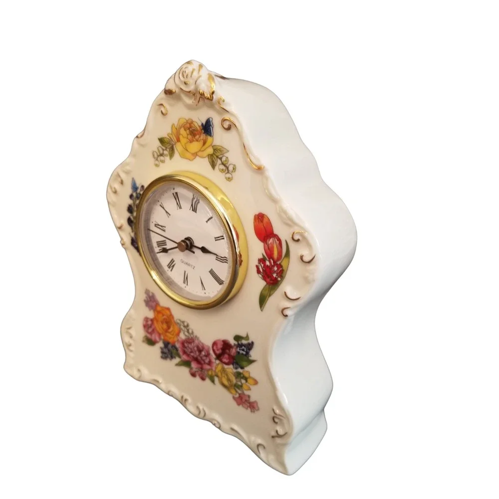 Collection Porcelain Avon Clock Romantic Flowers Gold accents 2002